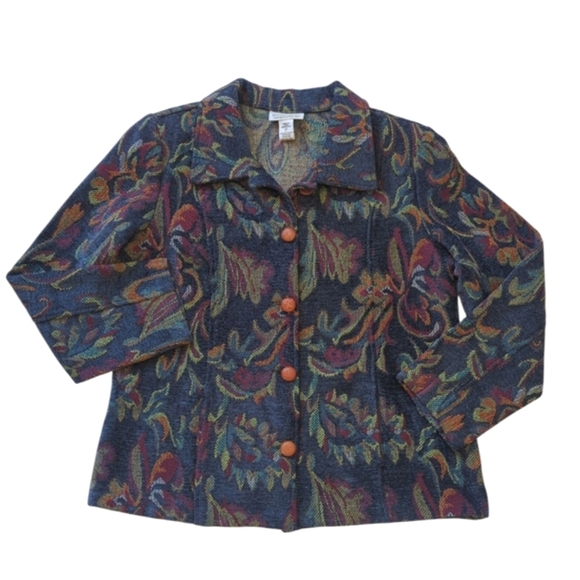 Serengeti Floral Tapestry Style Button Up Boho Blazer Jacket LARGE Blue Pockets - Picture 1 of 16